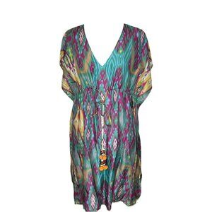 Figue Dress L Womens Multicolor Ikat Silk V Neck Short Sleeve Kaftan Tie Beach
